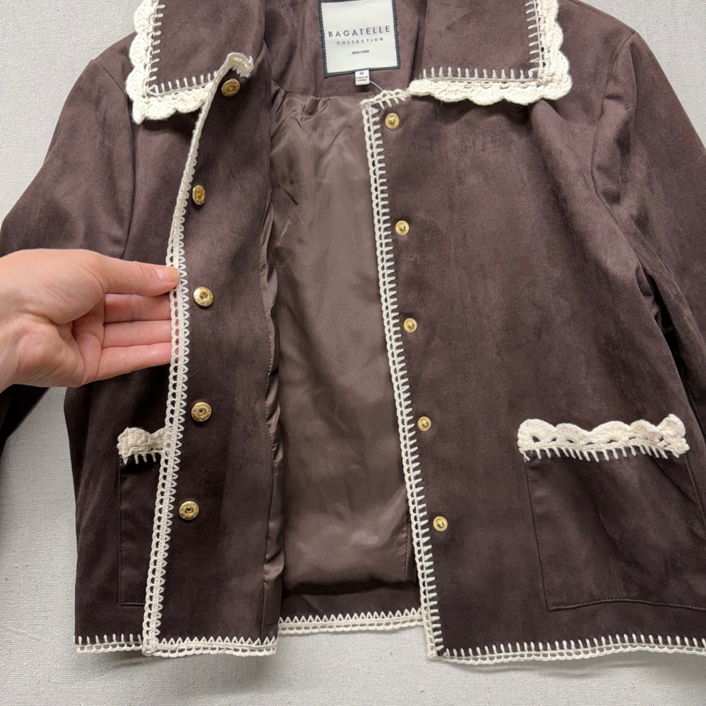 Bagatelle Collection Brown Faux Suede Crochet Trim Jacket Cottagecore Coat 85110 - Picture 8 of 15